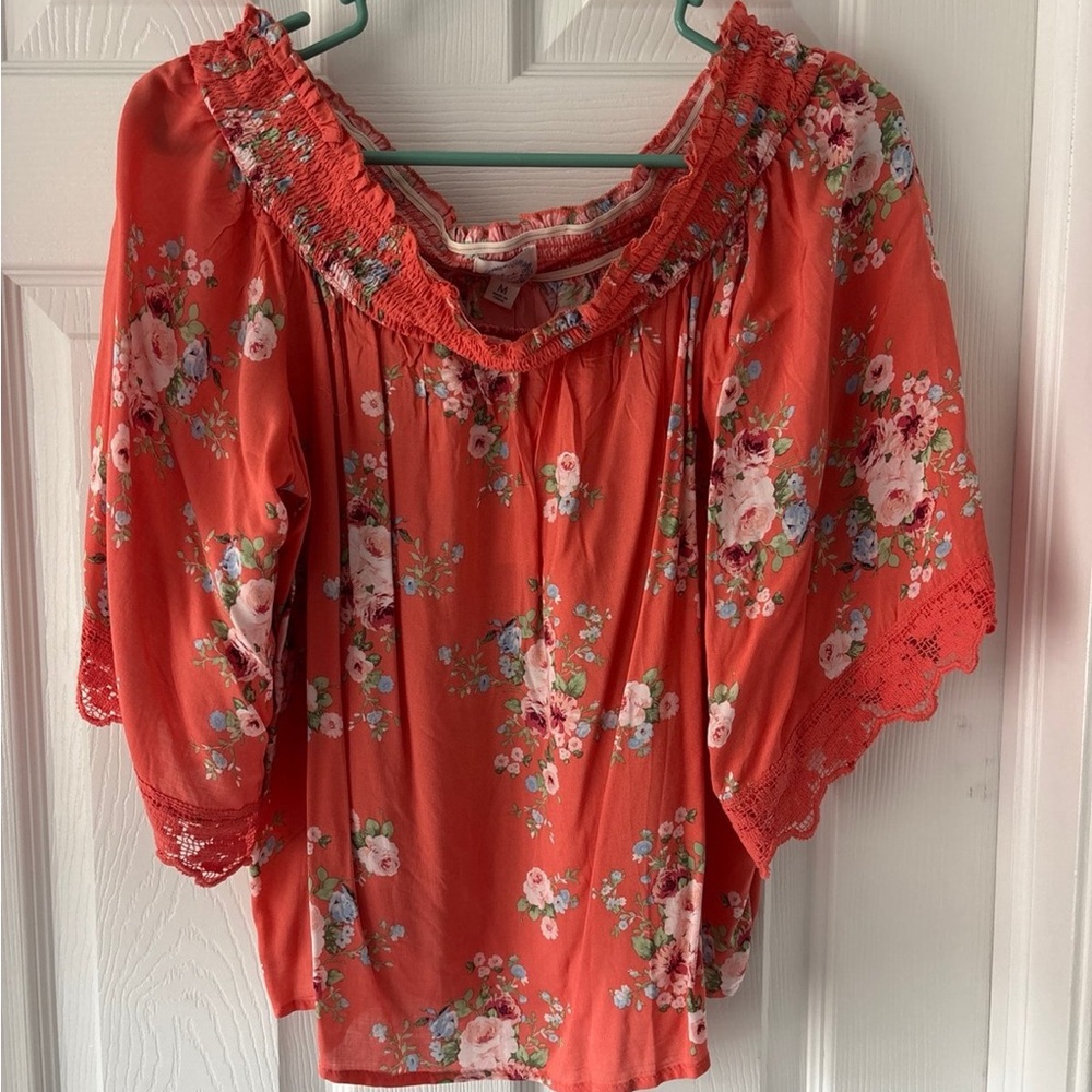 Floral Off-Shoulder Top in Coral by [Brand]